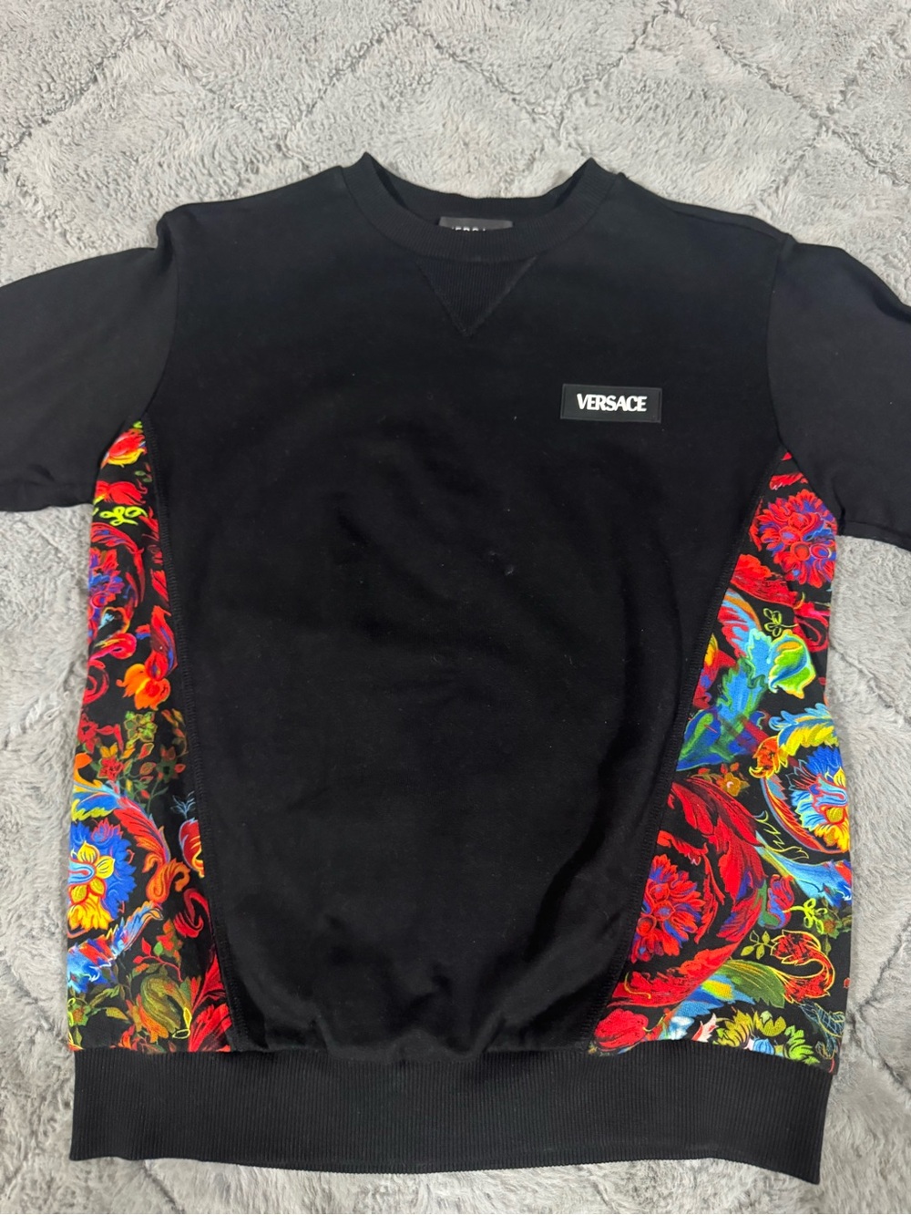 Kids Boys Versace Black Crewneck Sweater with Red and Blue Flame Accents